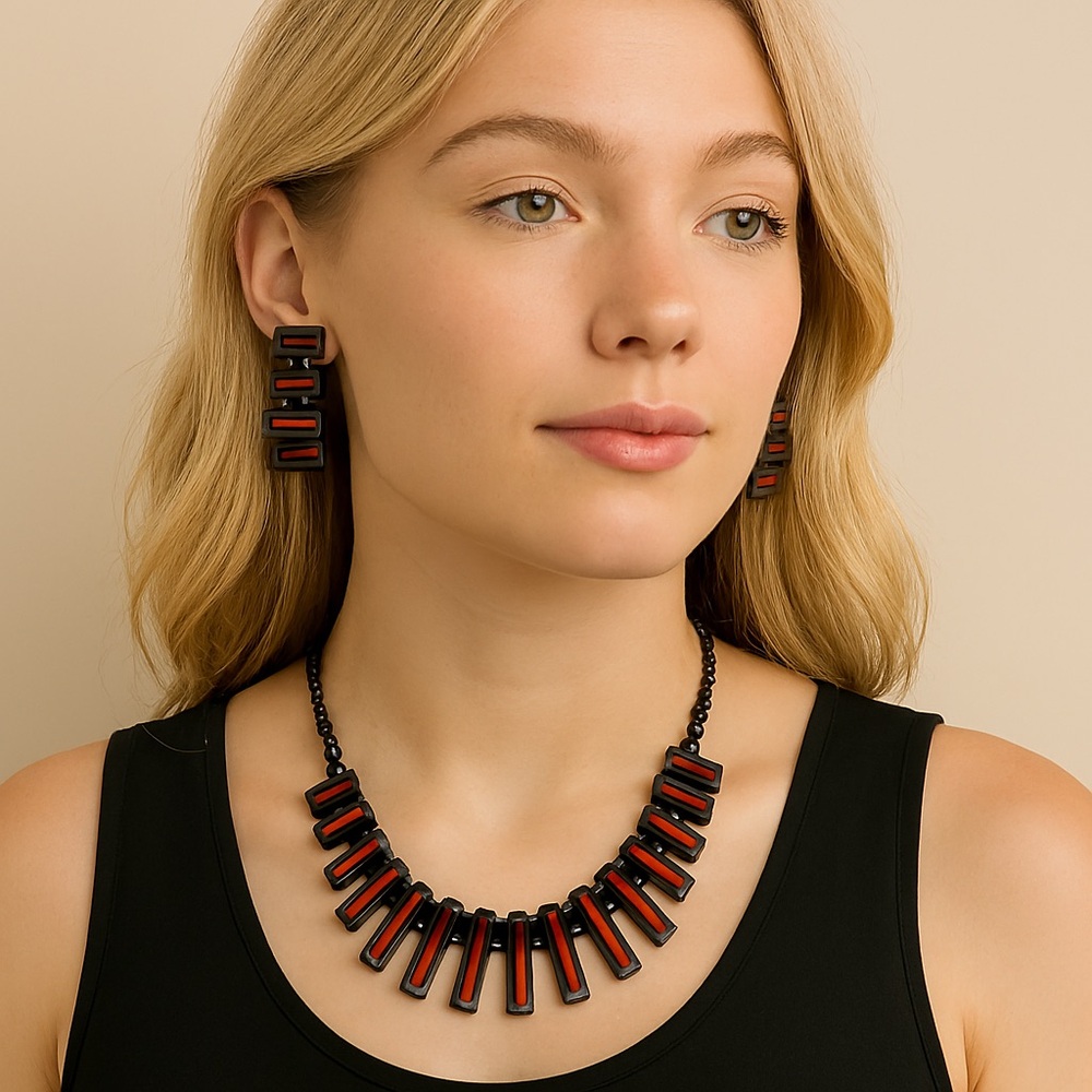 Enameled Necklace Earrings set metal burgundy rose 17” long earring post pierced